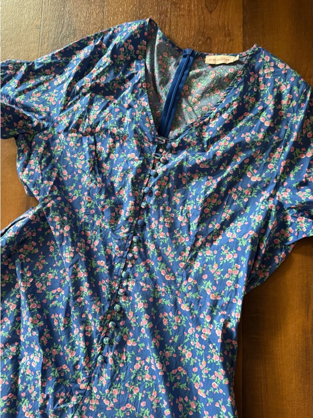 Ivy City Co Vintage Inspired Blue Floral Zip-Back Button Dress Pink Blossoms 16W - Picture 6 of 13